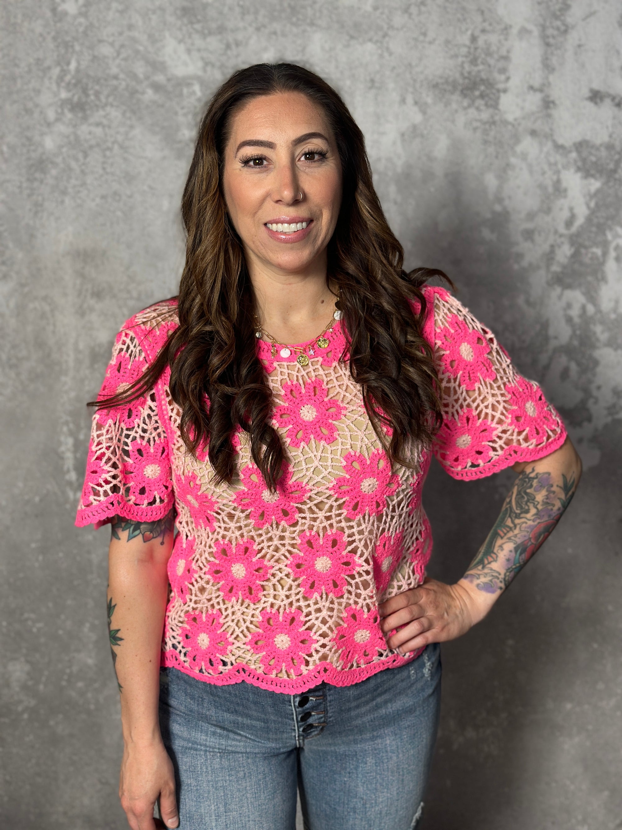 Two Tone Pink Crochet Foral Top