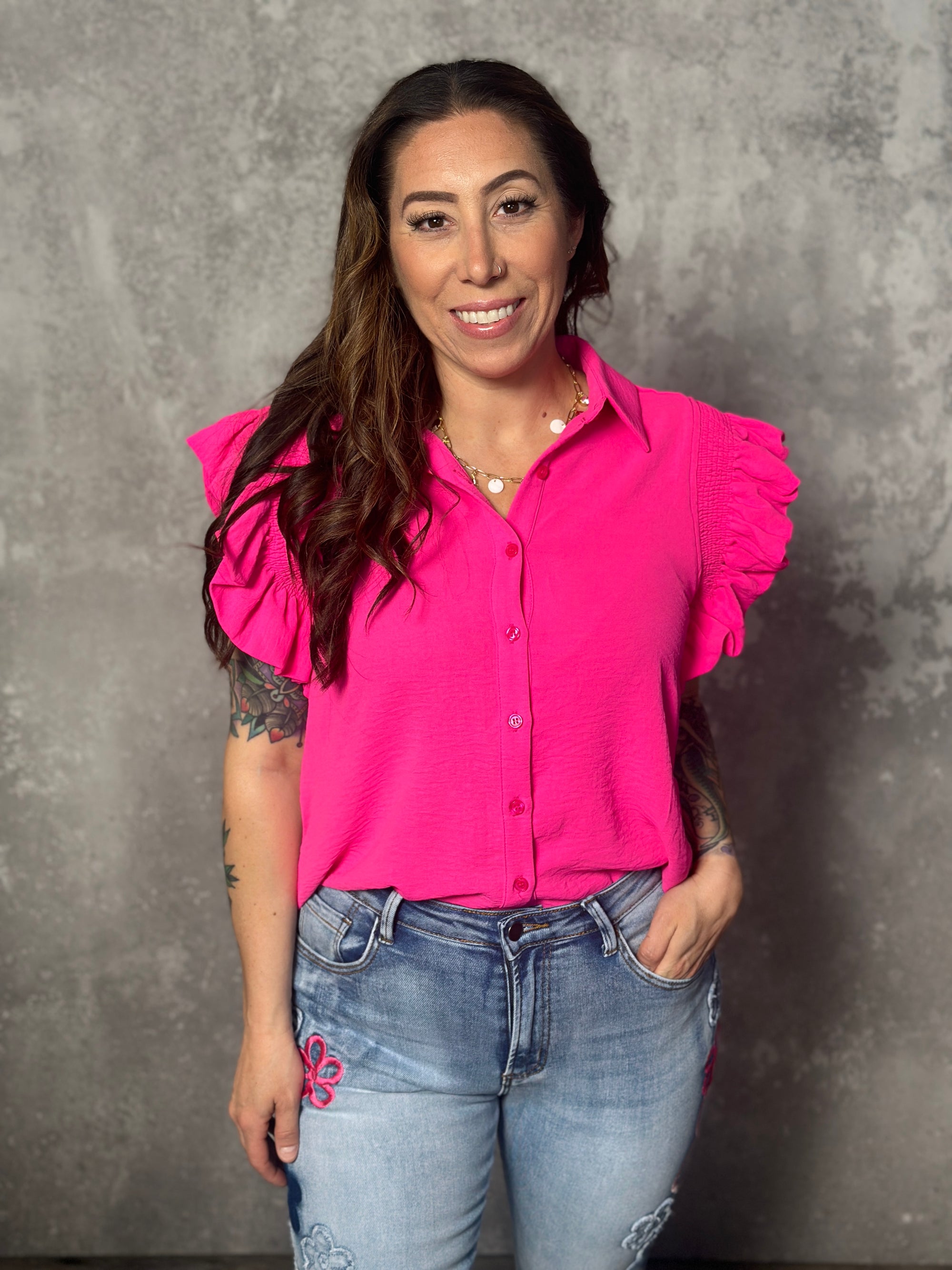 The Rebecca Ruffle Sleeve Top - Pink