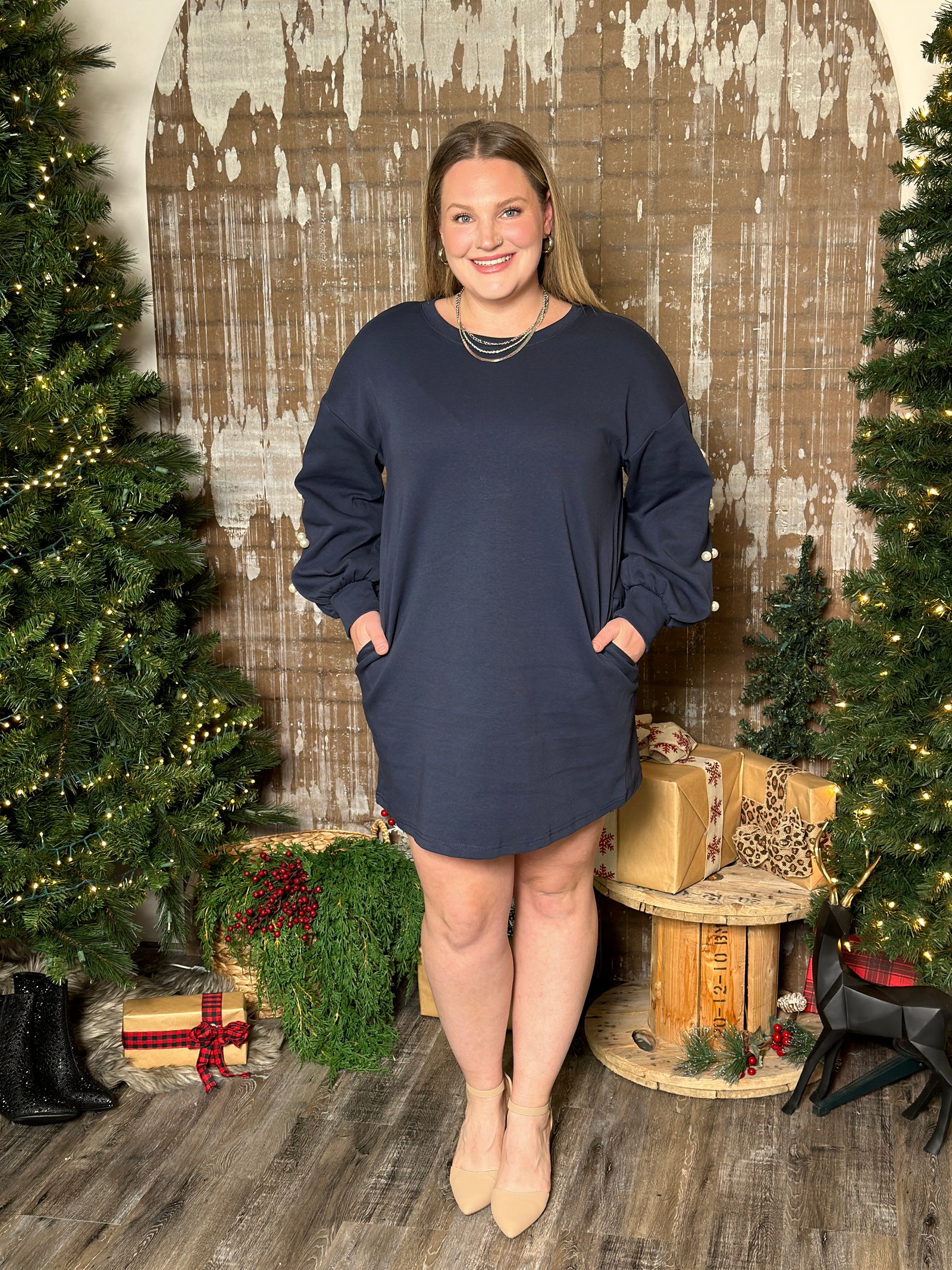 Navy Sweater Dress with Pearl Sleeve Detail - FINAL SALE