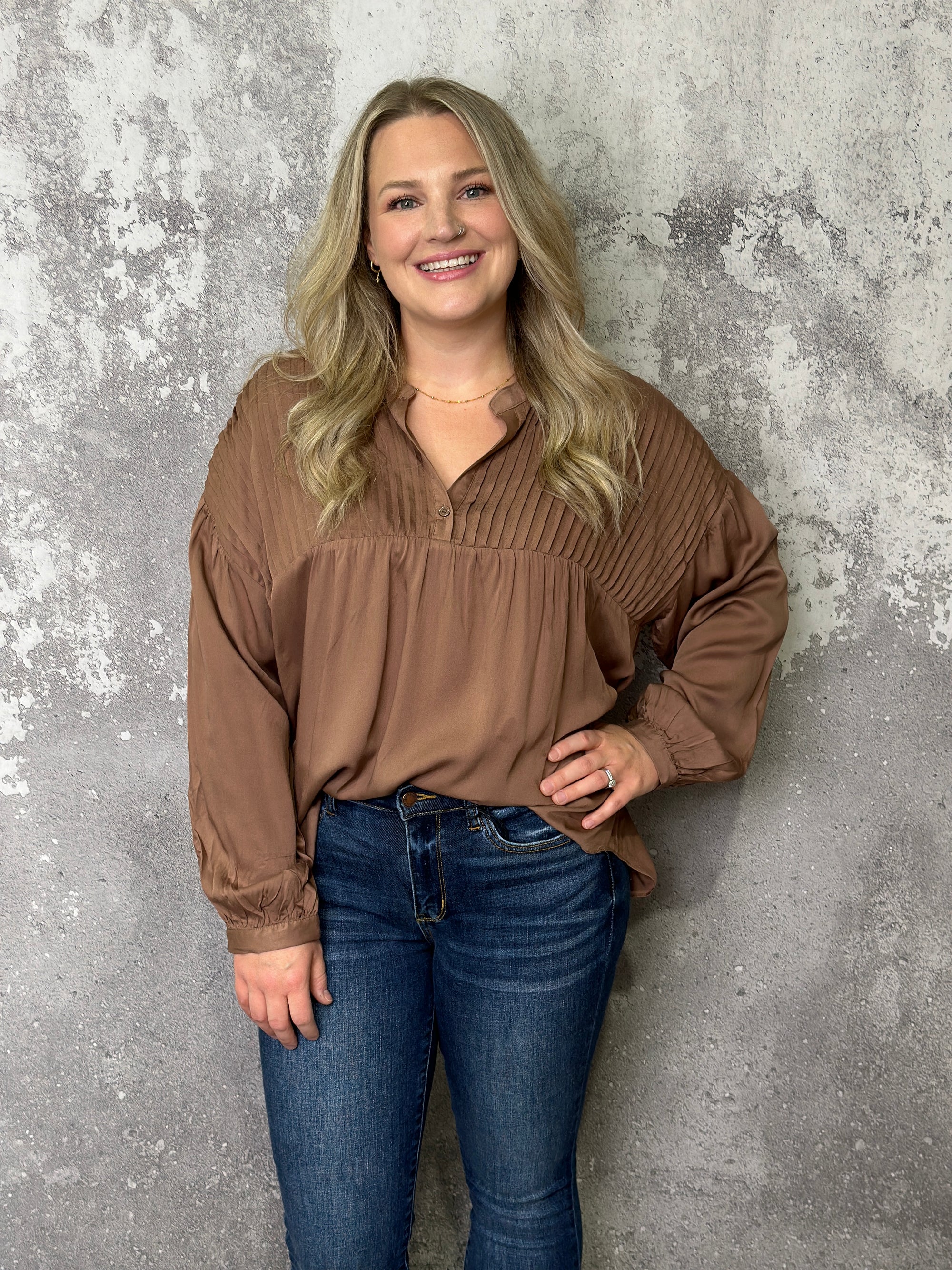 Pleated Long Sleeve Penny Top - Brown *New Color