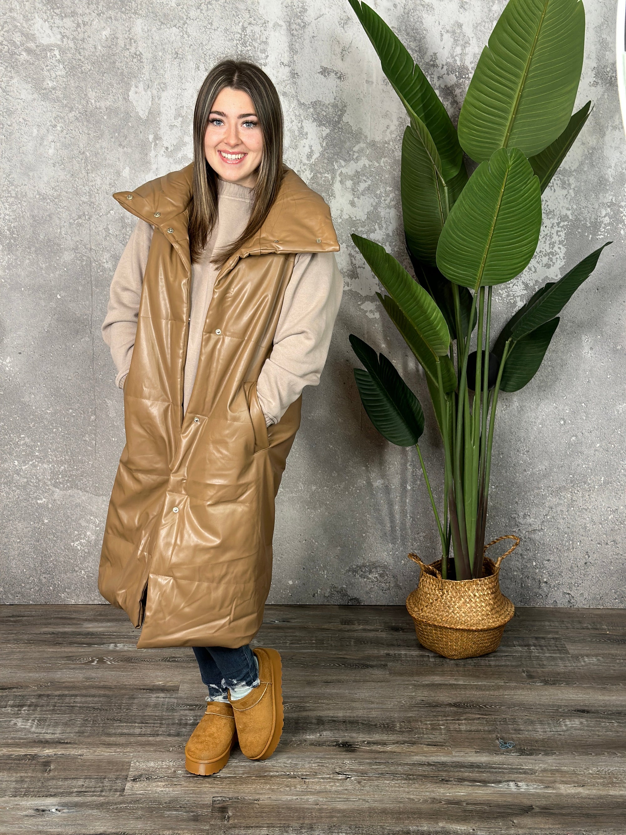 Long Faux Leather Coffee Puffer Vest