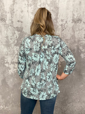 The Wrinkle Free Lizzie Top - Grey/Mint Floral  (Small - 3X) RESTOCKED
