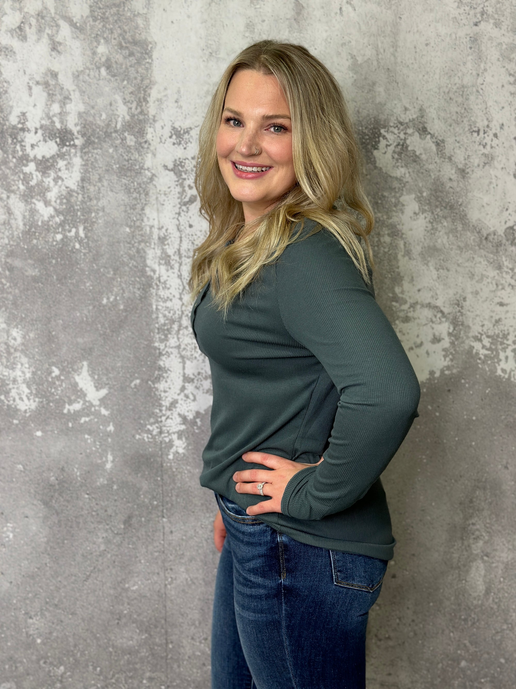 Long Sleeve Henley - Teal - Curvy Only