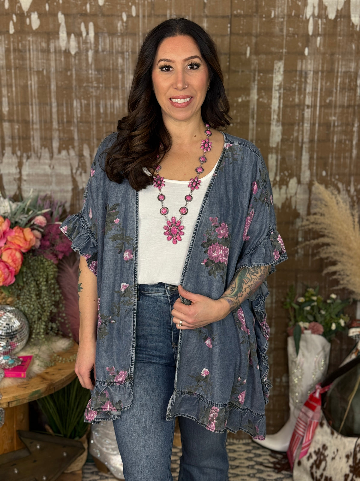 Floral Chambray Ruffle Layer  (Small - 3X)