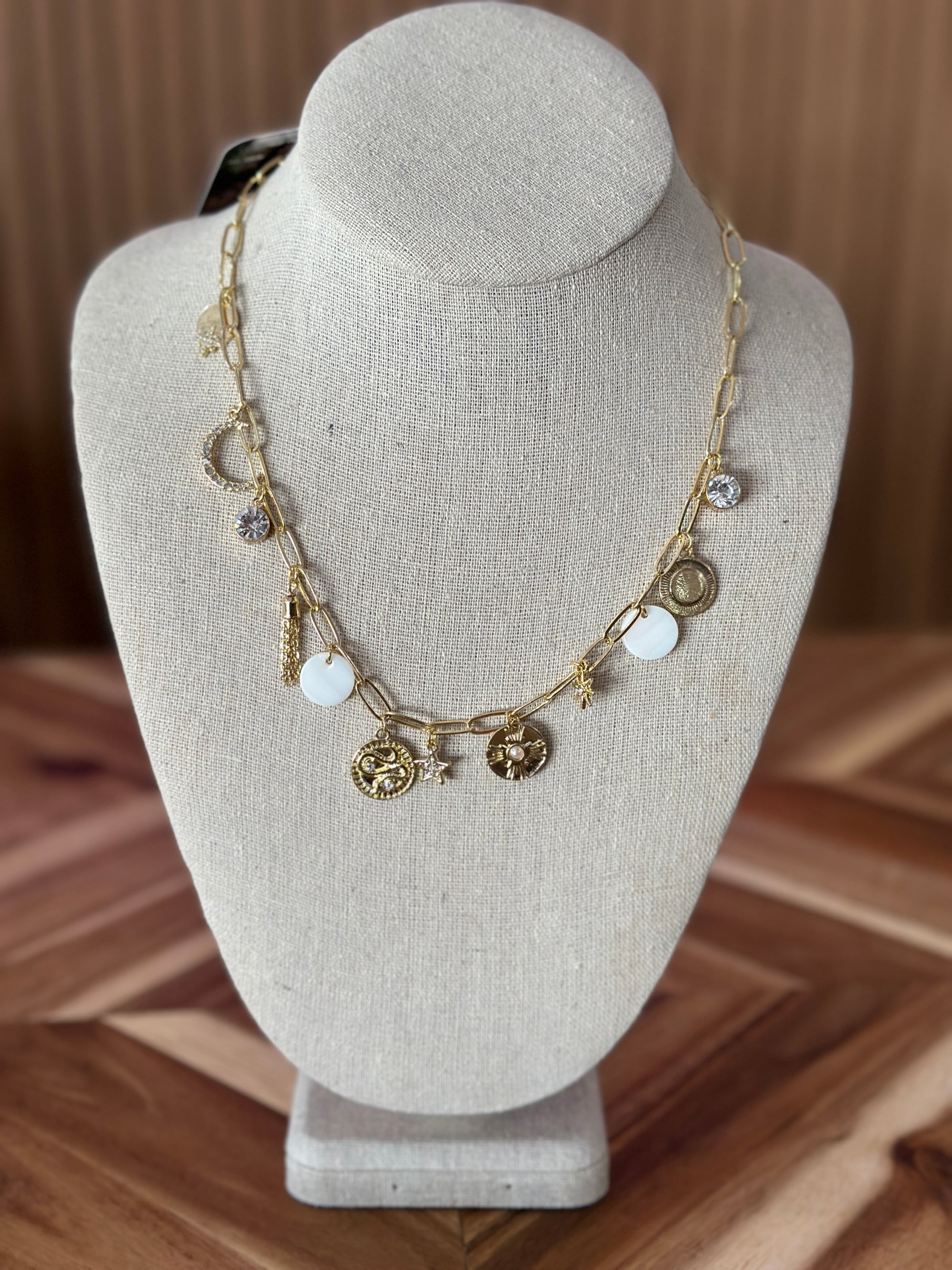 Gold Multi Charm Paperclip Necklace