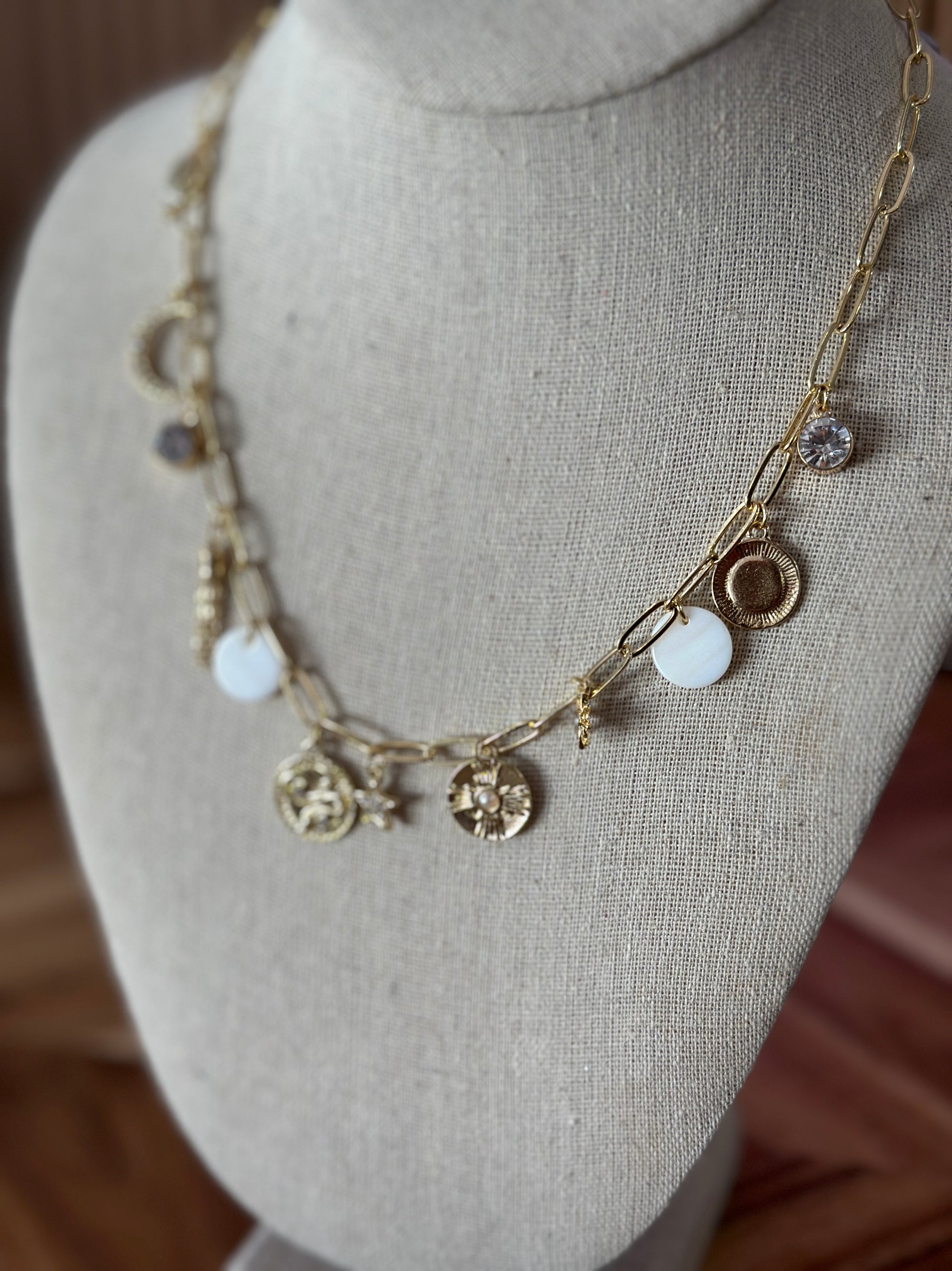 Gold Multi Charm Paperclip Necklace