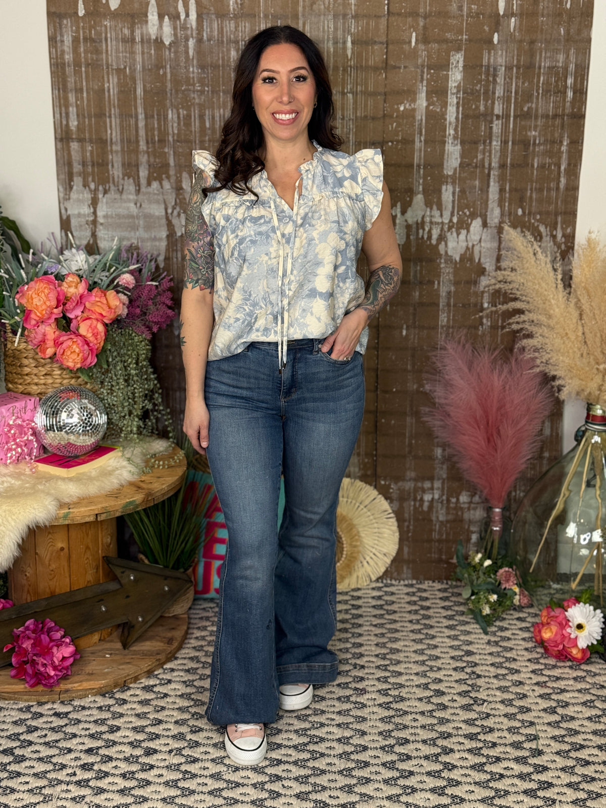 Sky Blue Floral Ruffle Top (Small - 3X)