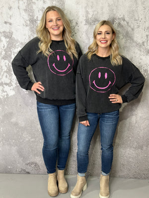 Vintage Wash Black Happy Sweatshirt (Small - 3X)