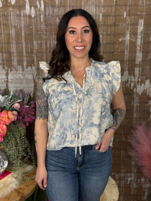 Sky Blue Floral Ruffle Top (Small - 3X)