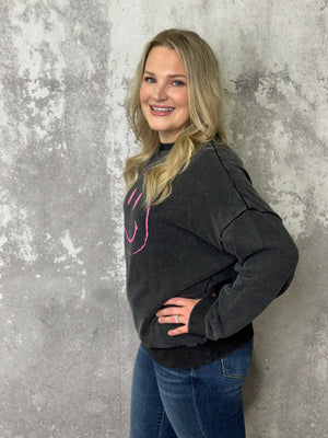 Vintage Wash Black Happy Sweatshirt (Small - 3X)