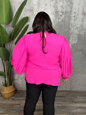 Pleated Sleeve Hot Pink Air Flow Blouse - (Curvy Only)
