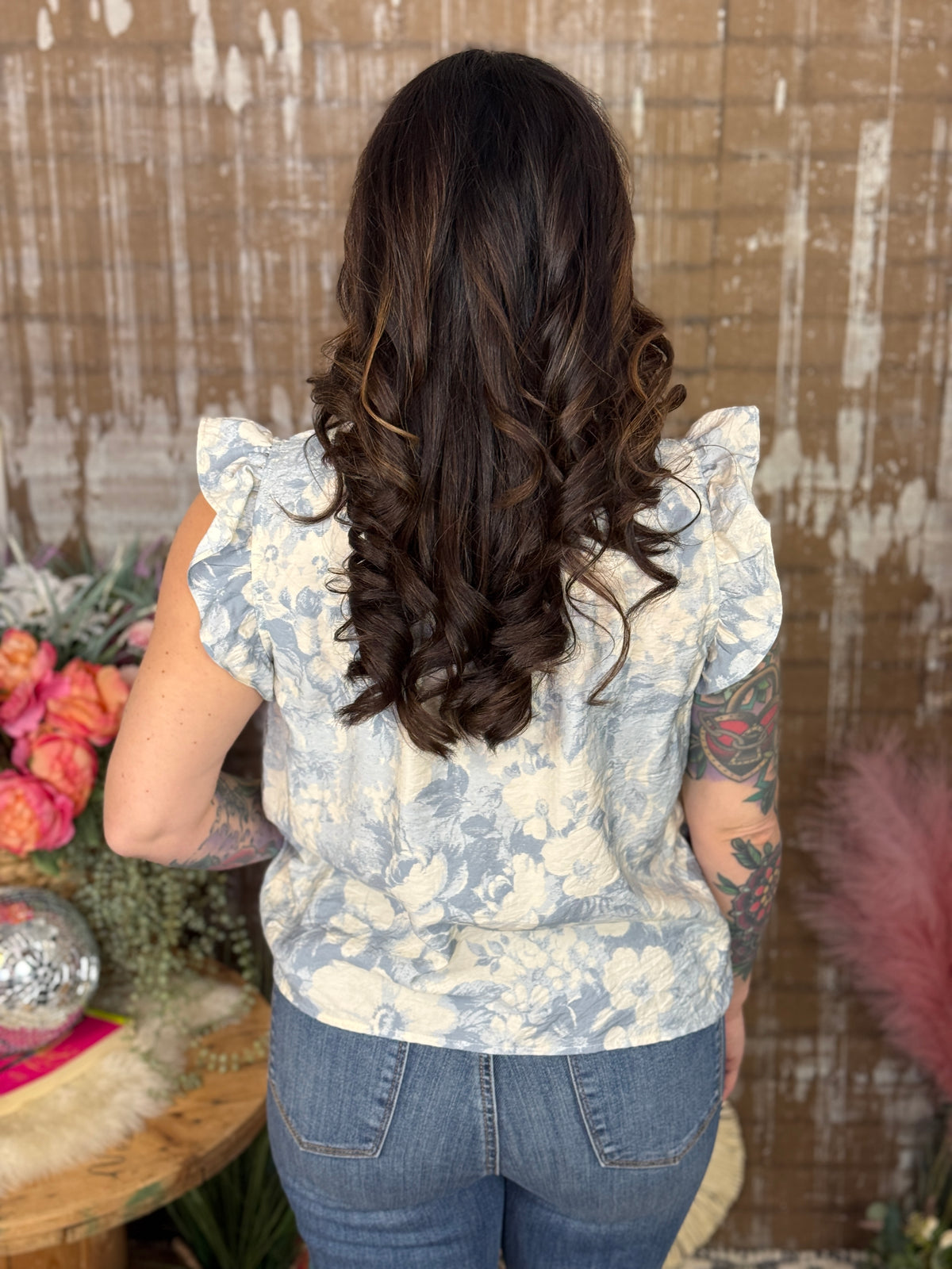 Sky Blue Floral Ruffle Top (Small - 3X)