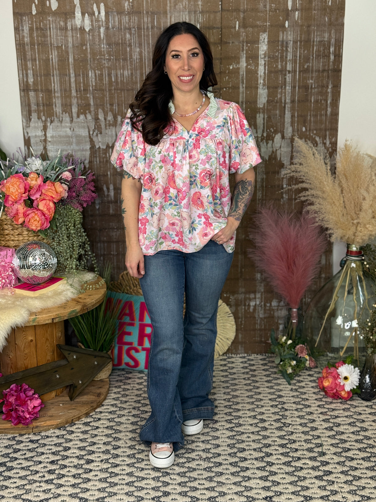 Short Bubble Sleeve Blush Floral Top (Small - 3X)