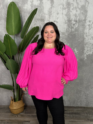 Pleated Sleeve Hot Pink Air Flow Blouse - (Curvy Only)