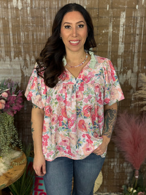 Short Bubble Sleeve Blush Floral Top (Small - 3X)