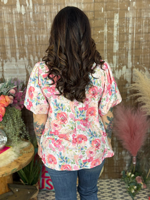 Short Bubble Sleeve Blush Floral Top (Small - 3X)