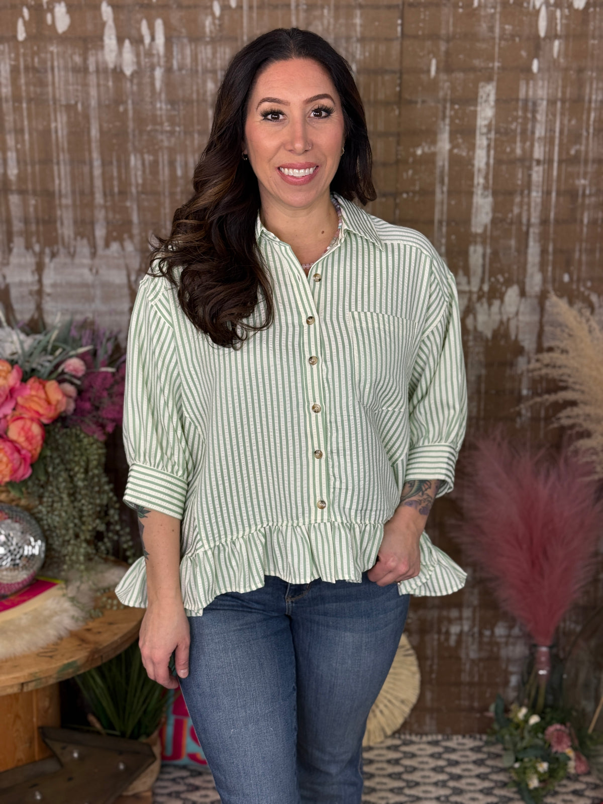 Stripe Ruffle Peplum Top - Sage (Small - 3X)