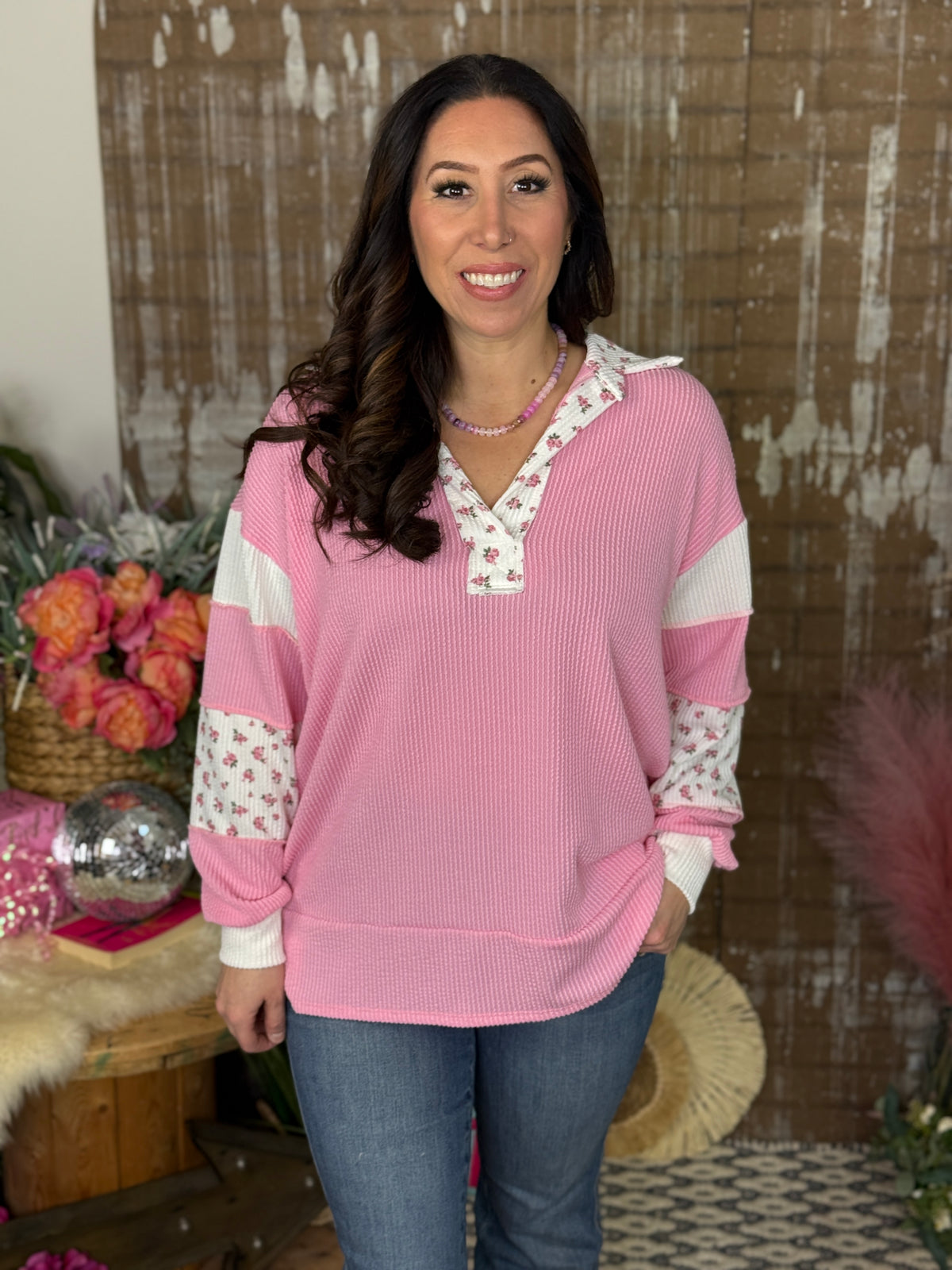 Soft Ribbed Blush and Floral Top