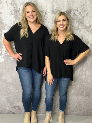 Black Shift Vneck Top with Pearl Like button detail  (Small - 3X) RESTOCK