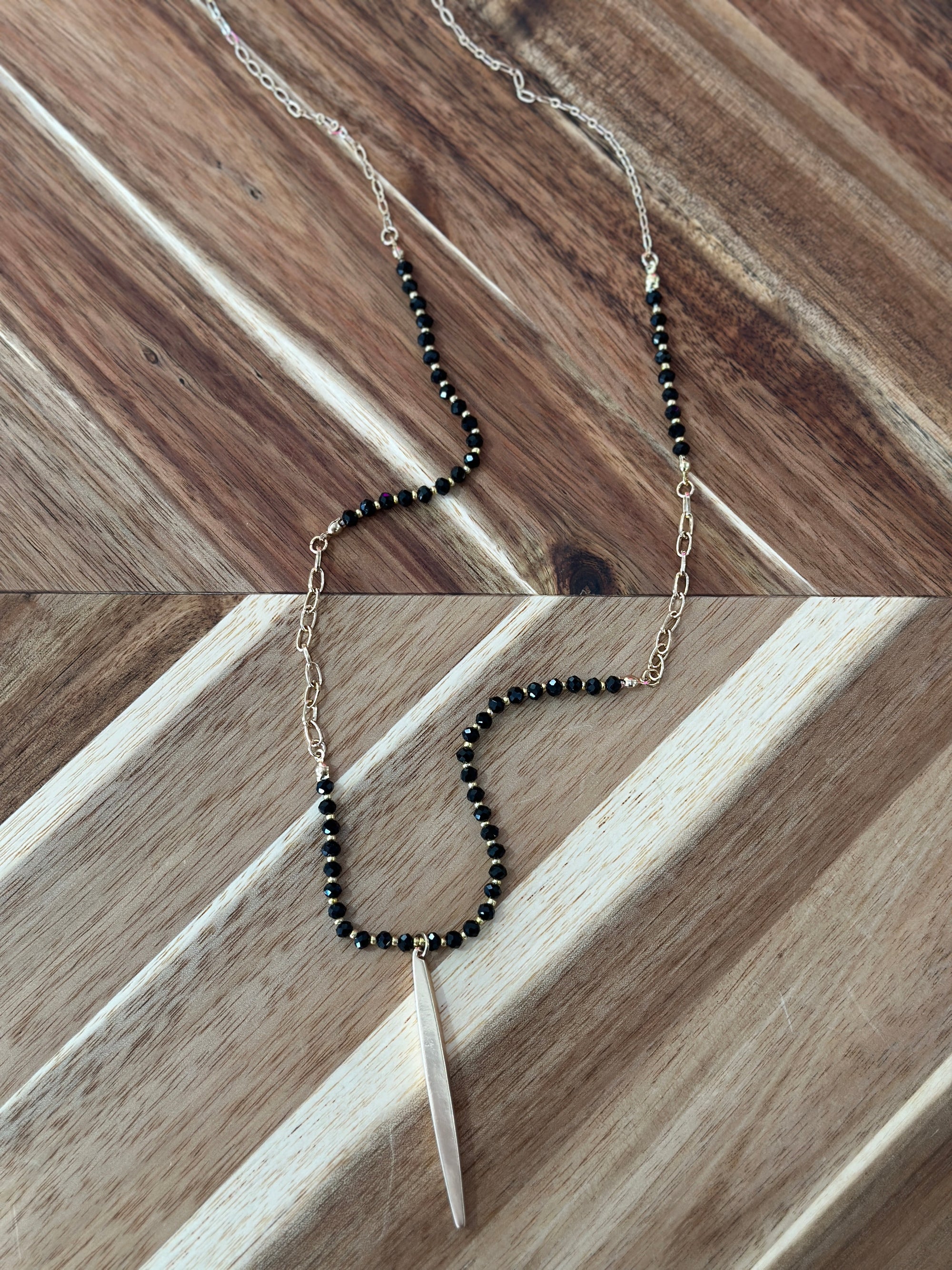 Long Bead and Chain Necklace - Black