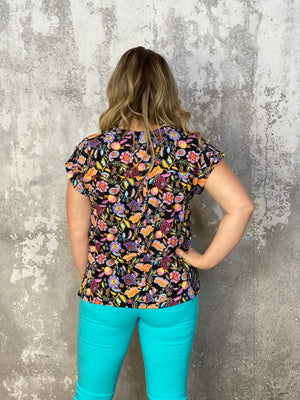 The Wrinkle Free Short Sleeve Lizzie Top - Black with Multi Floral  (Small - 3X)