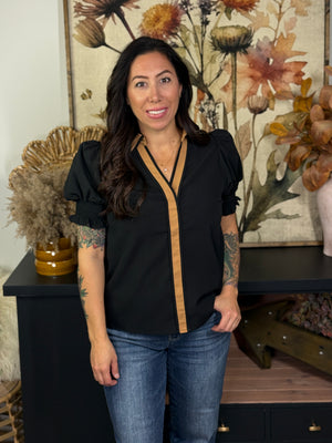 Black Top with Camel Collar and Smocked Sleeves