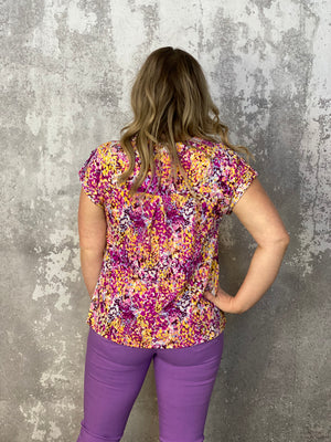The Wrinkle Free Short Sleeve Lizzie Top - Purple/Yellow Abstract (Small - 3X)