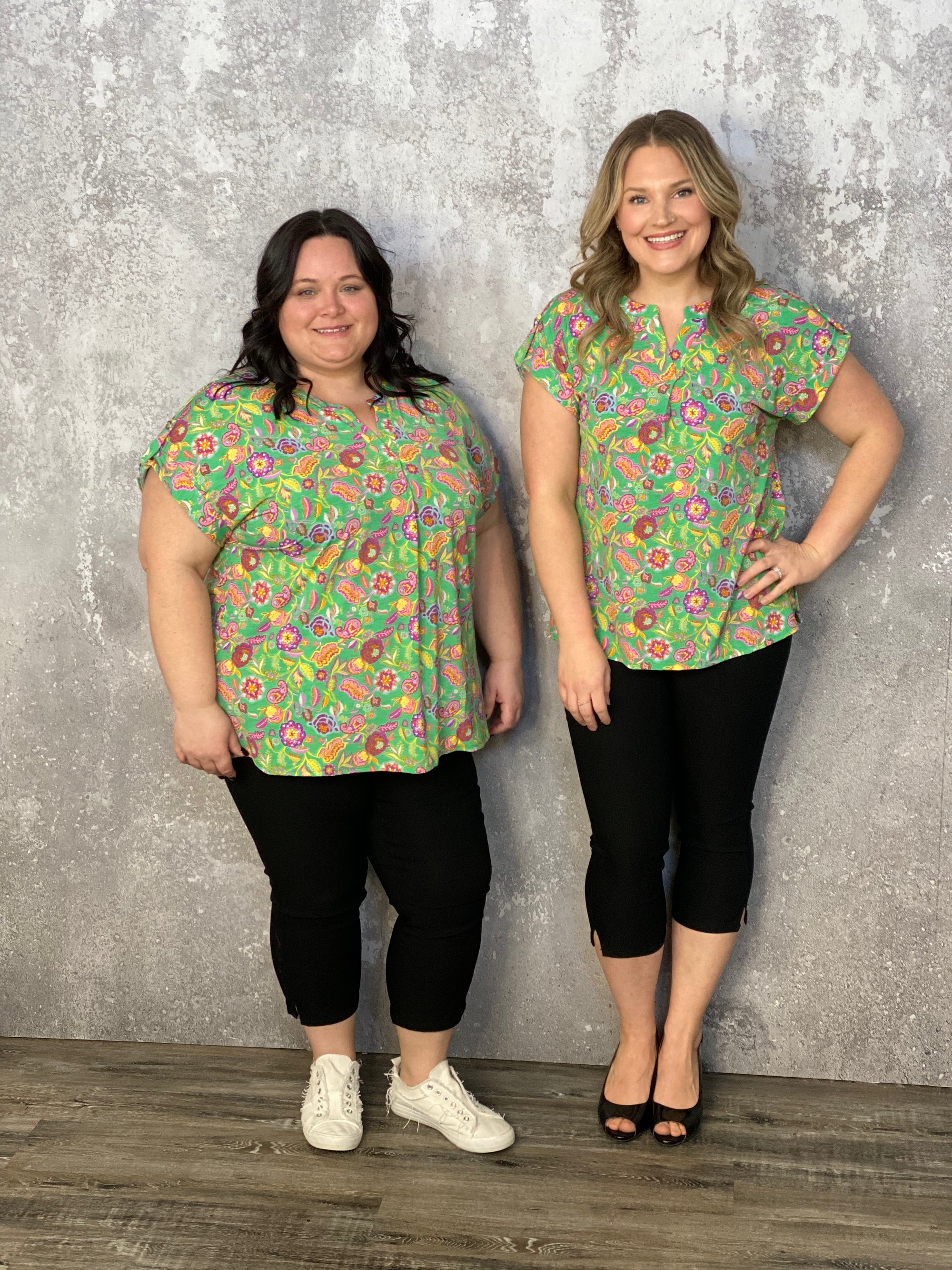 The Wrinkle Free Short Sleeve Lizzie Top - Green Multi Floral (Small - 3X) FINAL SALE