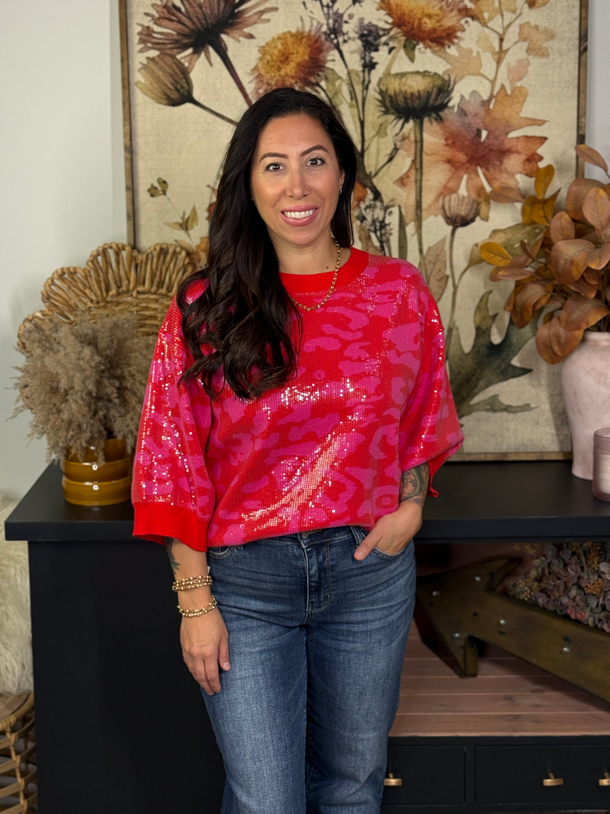 Red Leopard Sequin Sweater