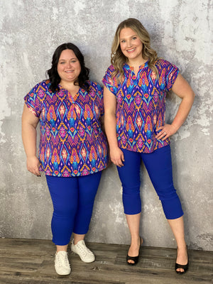 The Wrinkle Free Short Sleeve Lizzie Top - Royal Blue Print (Small - 3X)