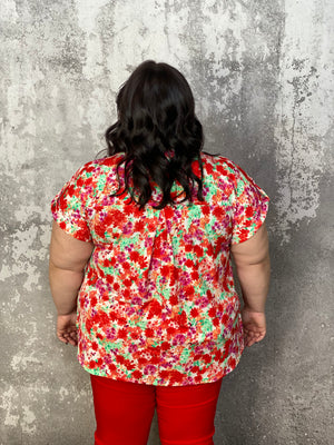 The Wrinkle Free Short Sleeve Lizzie Top - Red/Orange Floral (Small - 3X)