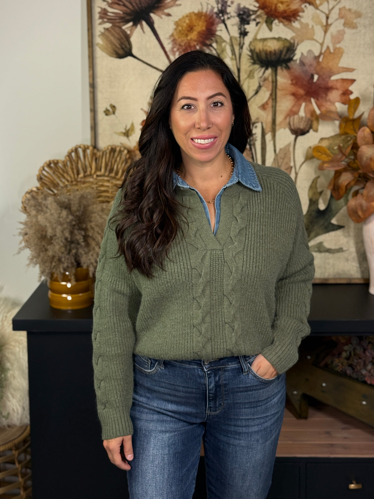 Denim Collared Sweater - Olive (Small - 2X)