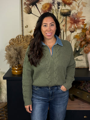 Denim Collared Sweater - Olive (Small - 2X)