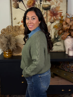 Denim Collared Sweater - Olive (Small - 2X)