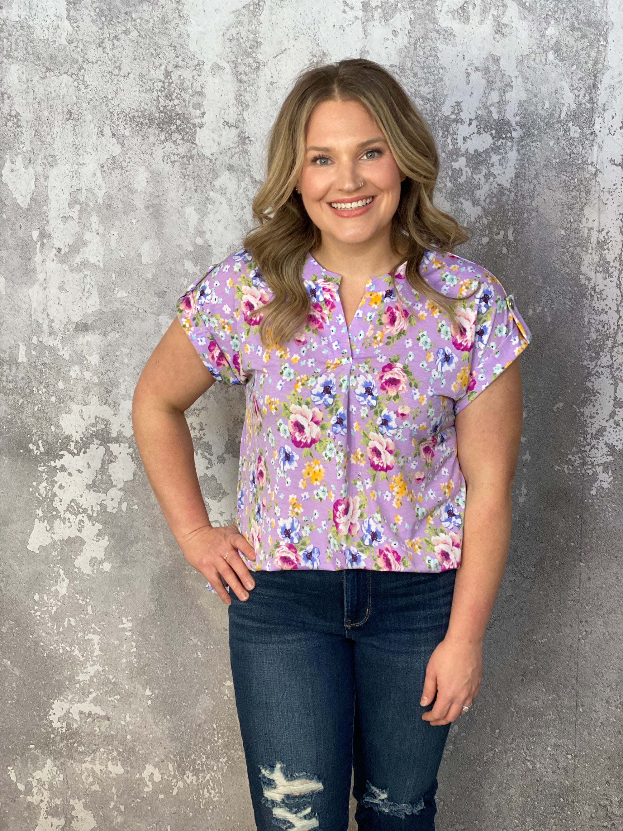 The Wrinkle Free Short Sleeve Lizzie Top - Lavender and Spring Floral (Small - 3X)