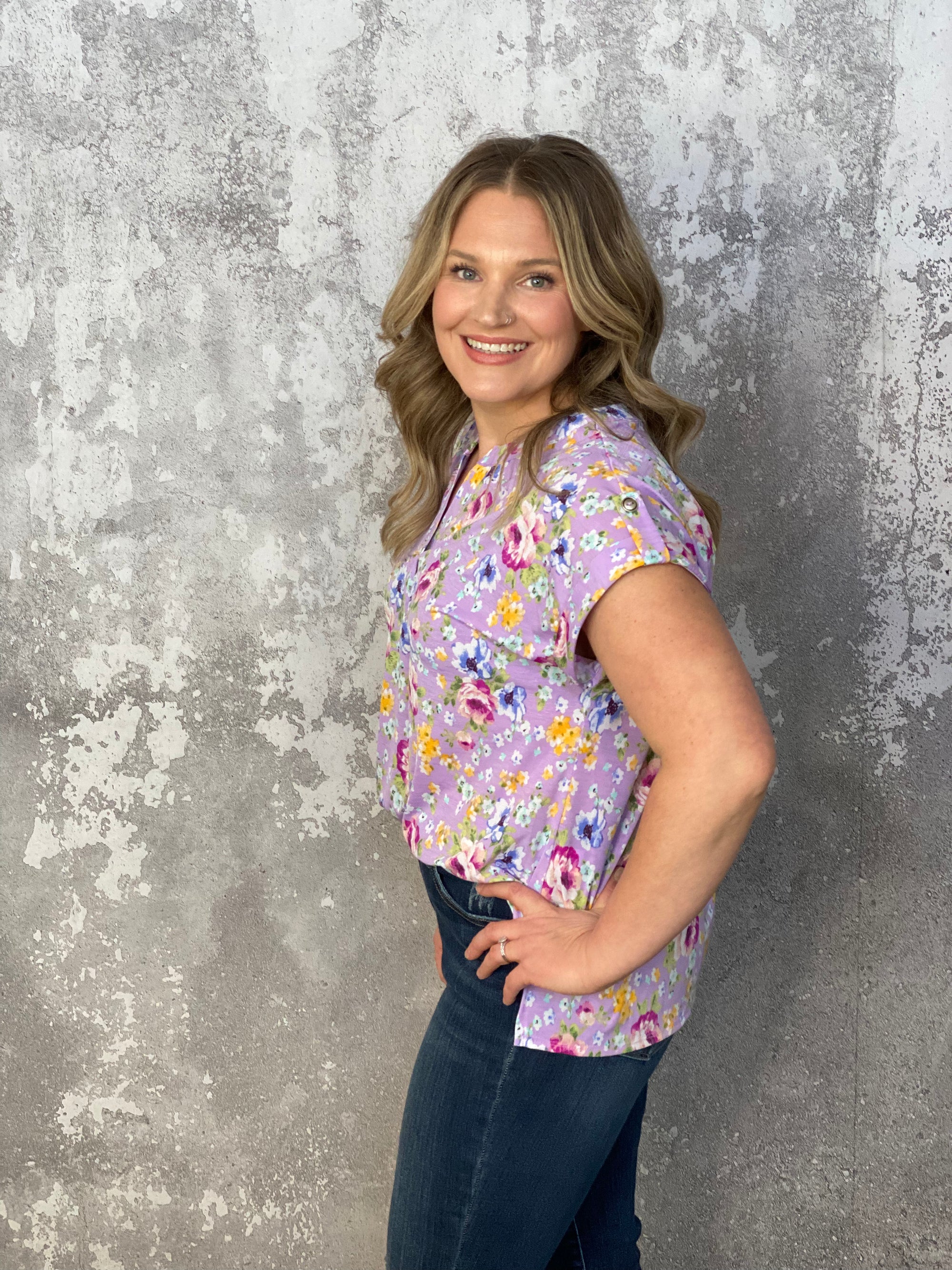 The Wrinkle Free Short Sleeve Lizzie Top - Lavender and Spring Floral (Small - 3X)