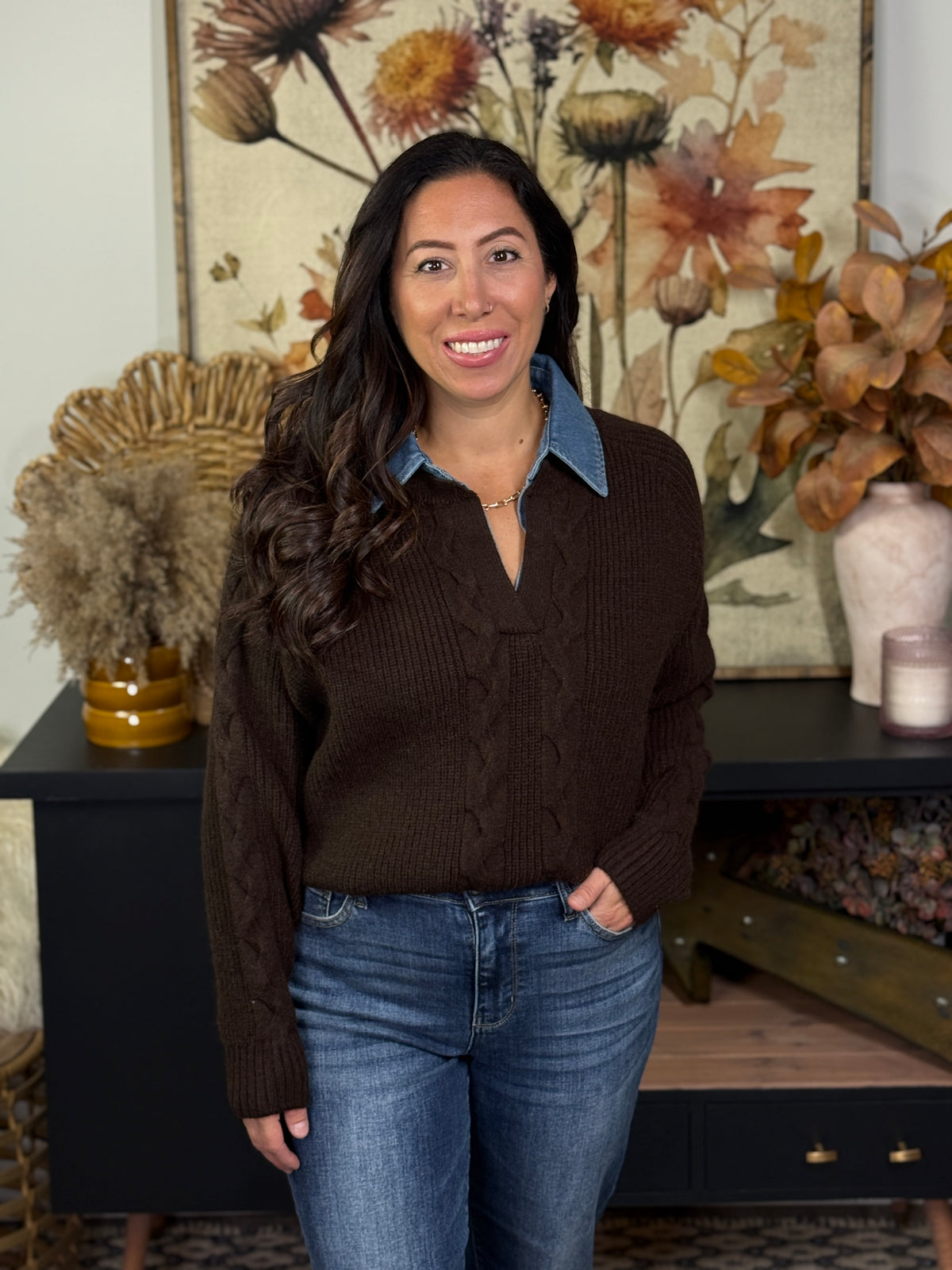 Denim Collared Sweater - Brown (Small - 2X)