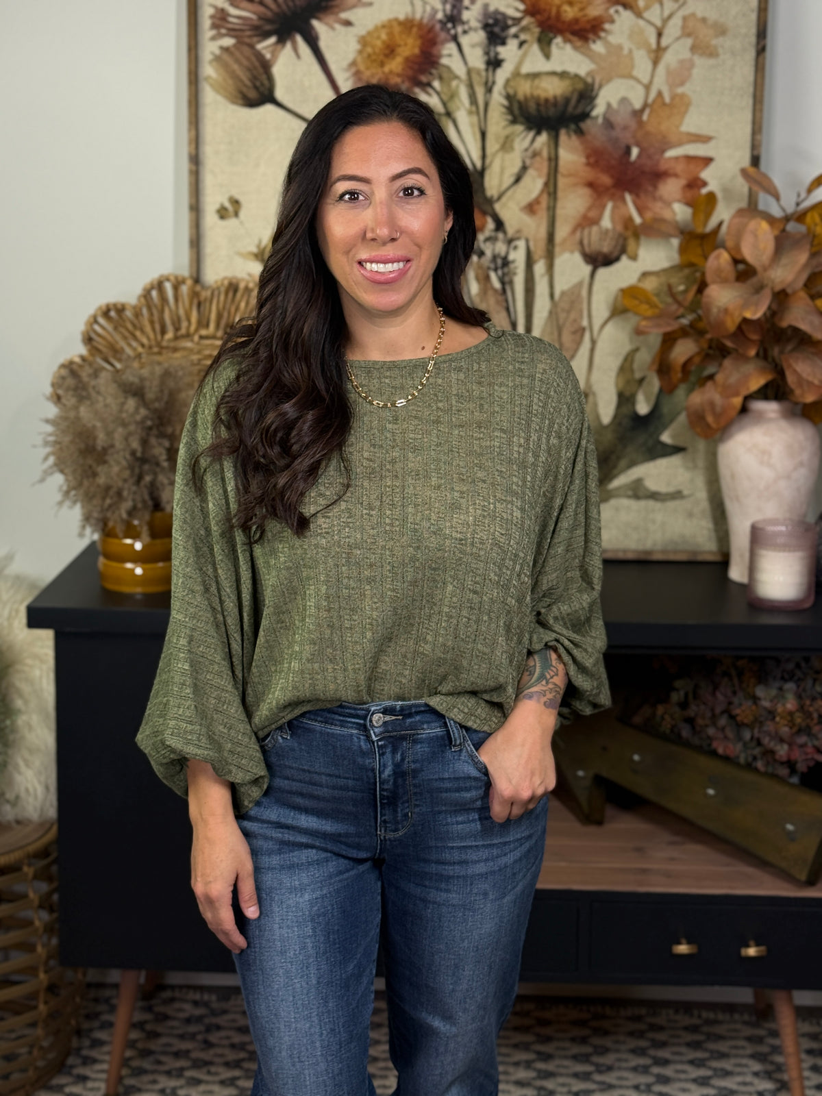 Flowy Olive Dolman Knit Top