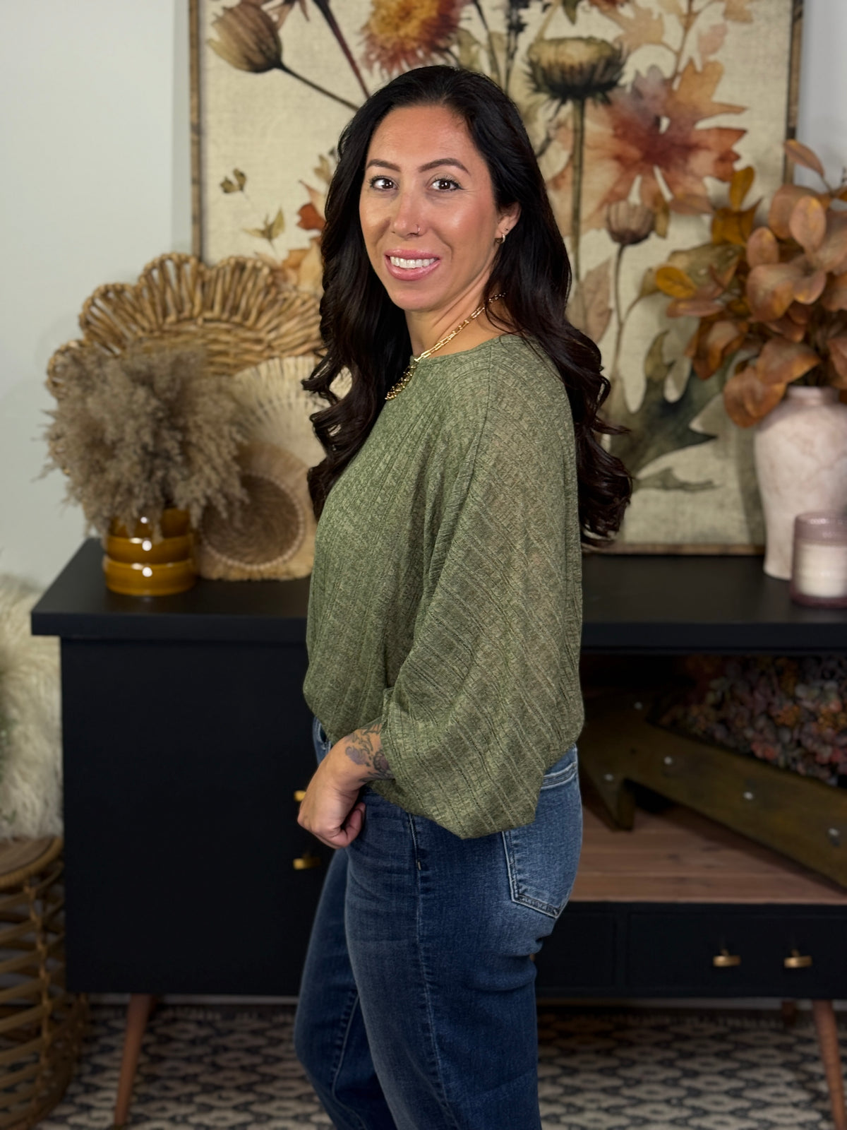 Flowy Olive Dolman Knit Top