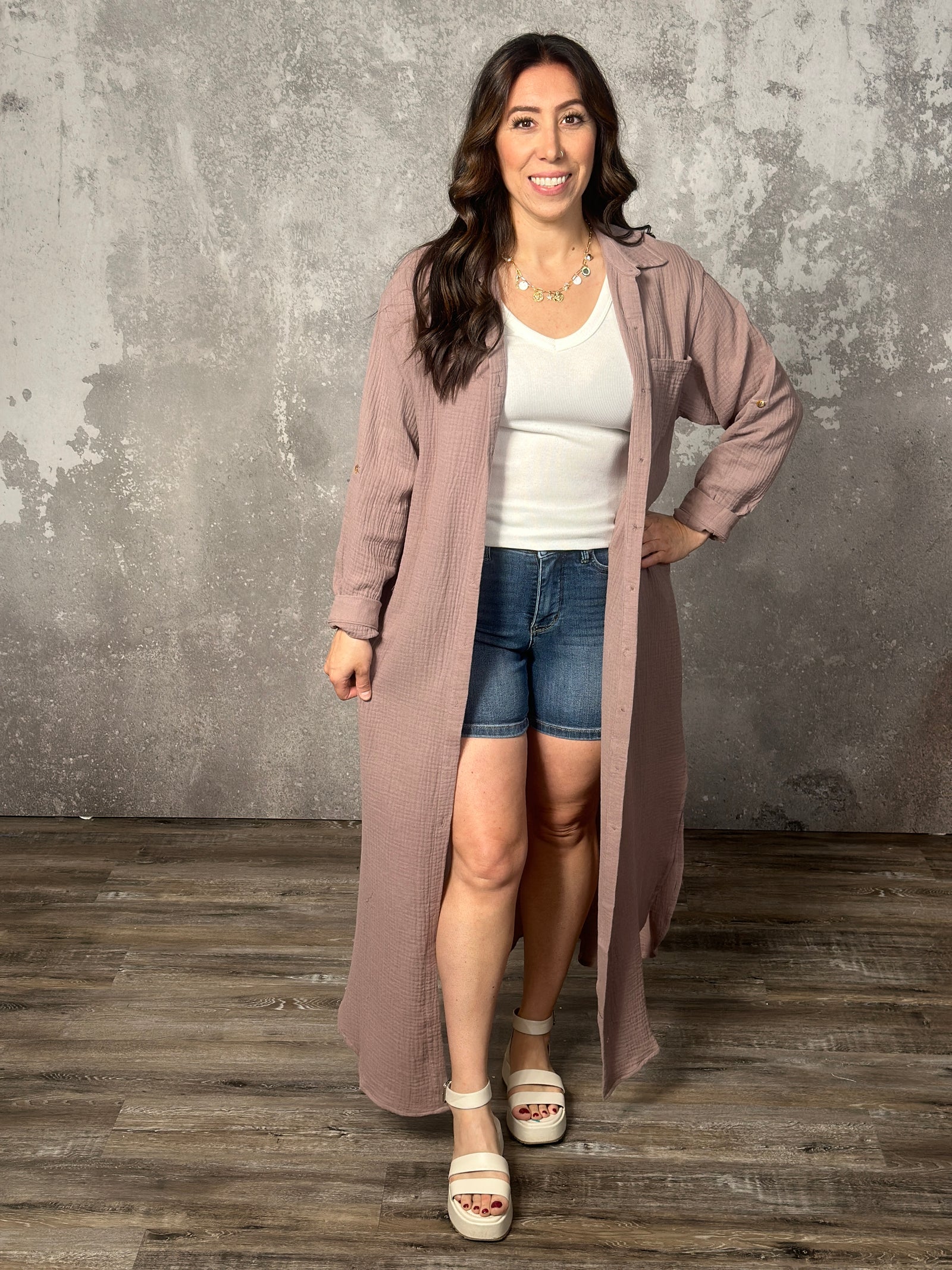 Gauze Button Up Dress/Duster - Mocha