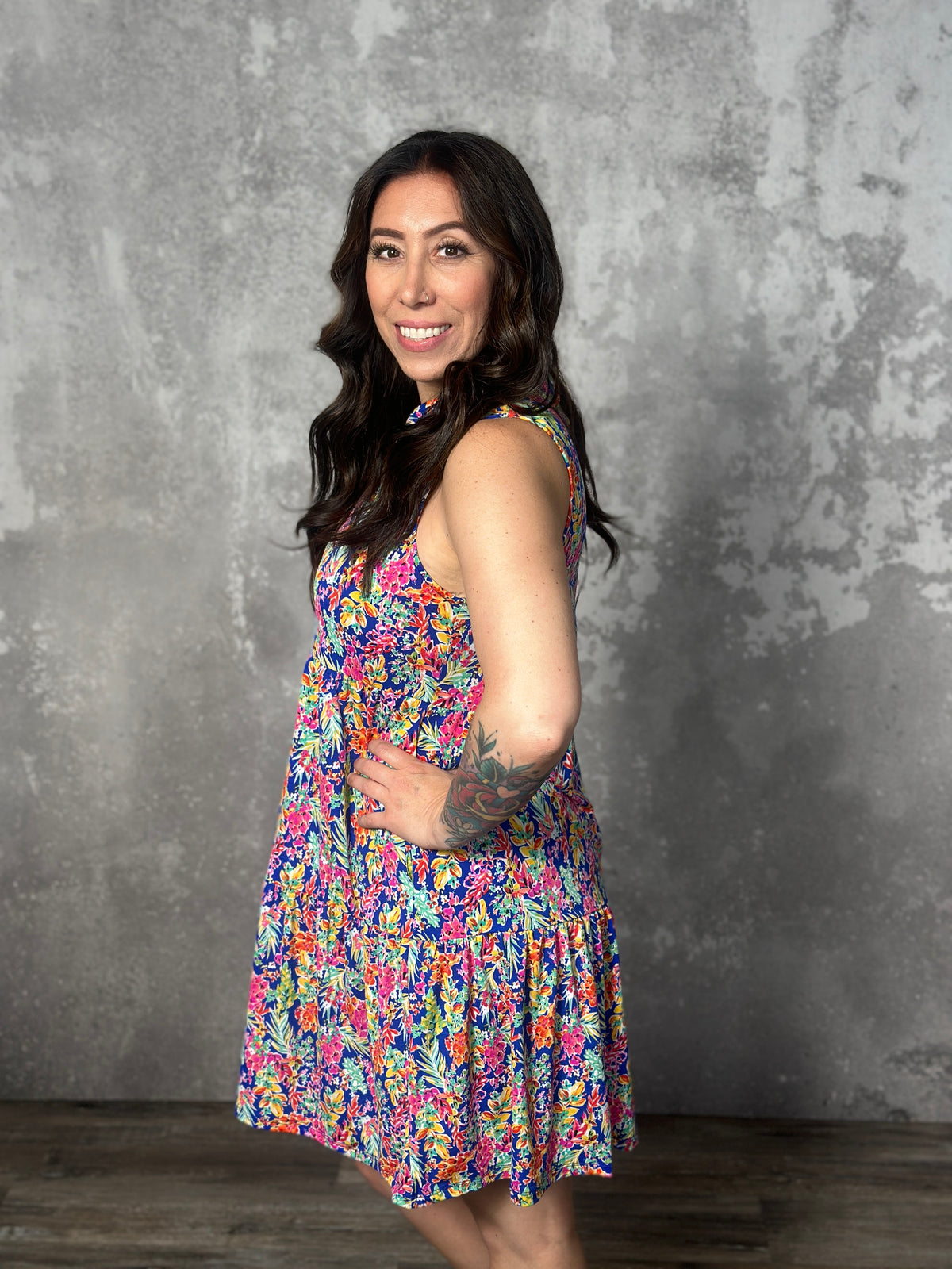 Lizzie Wrinkle Free Tiered Printed Ruffle Dress - Blue Ditsy Floral (Small - 3X)