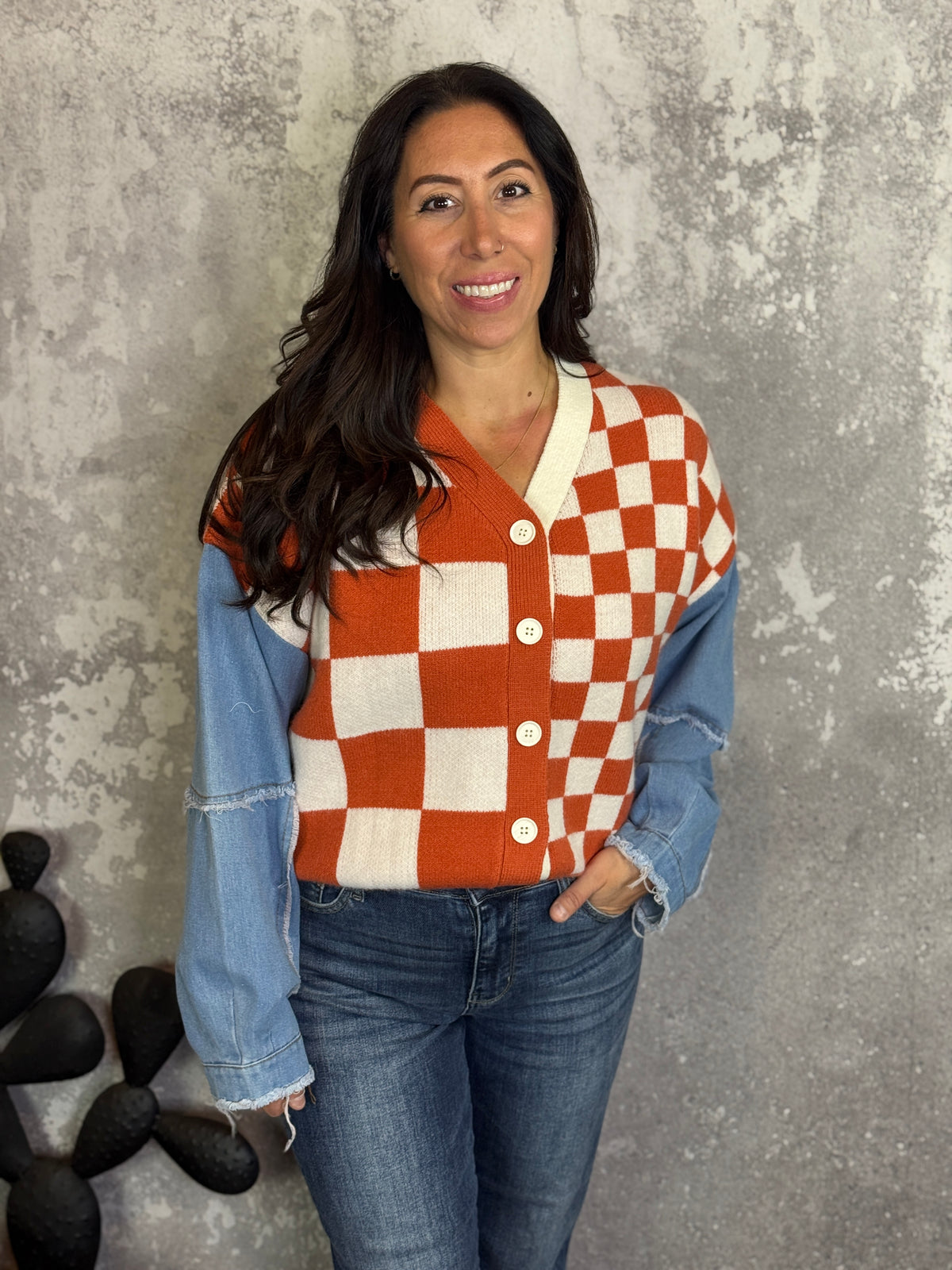 Checker Denim Sleeve Sweater