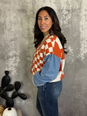 Checker Denim Sleeve Sweater