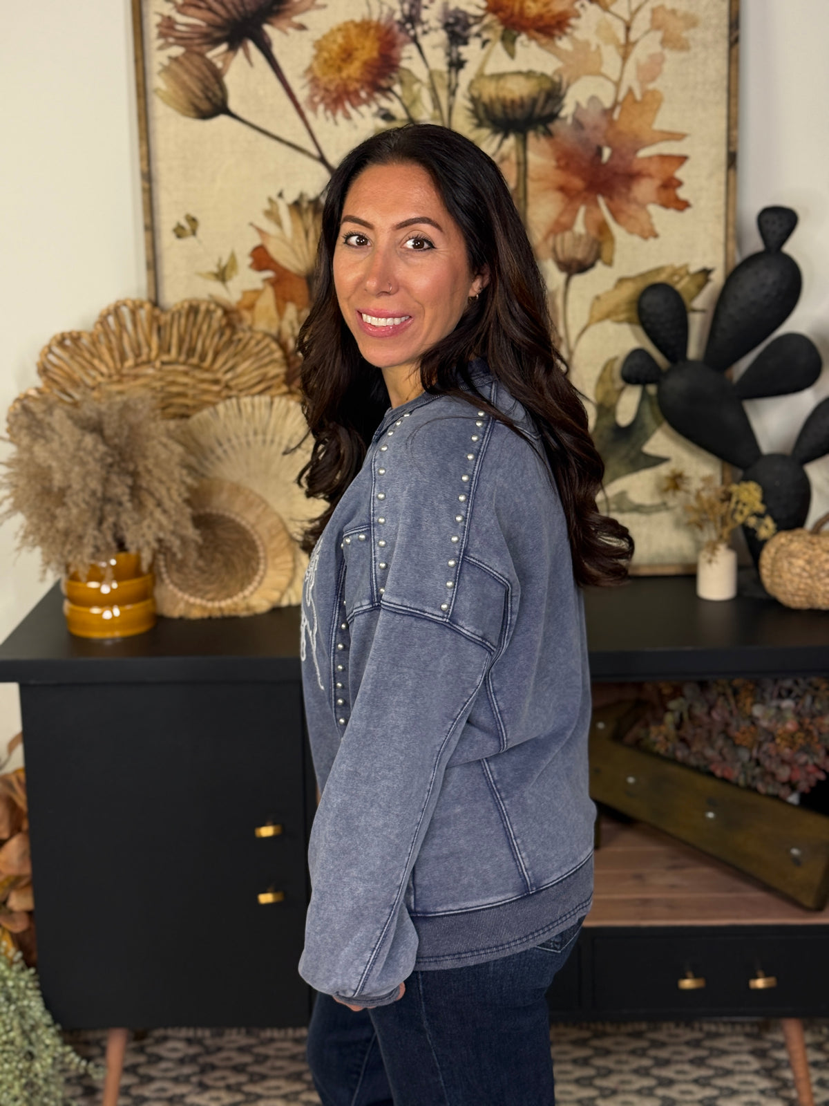 Blue Washed Embroidered Horse Sweatshirt with Studs