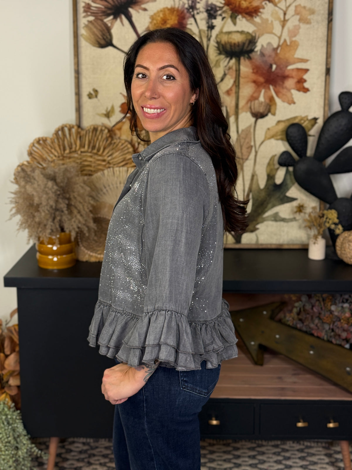 Rhinestone Ruffle Grey Button Up Top (Small - 2X)