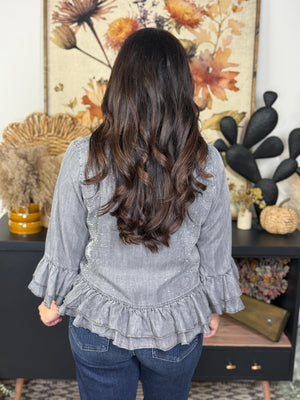 Rhinestone Ruffle Grey Button Up Top (Small - 2X)