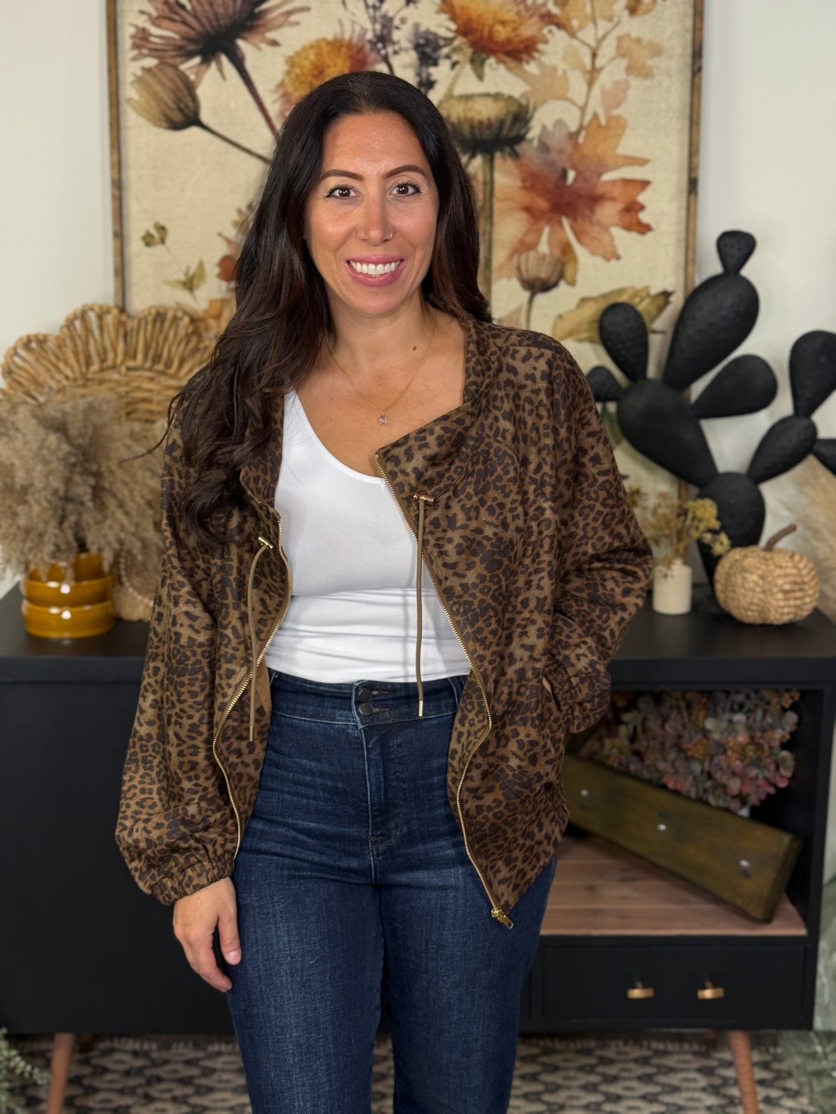 Faux Suede Leopard Bomber Jacket