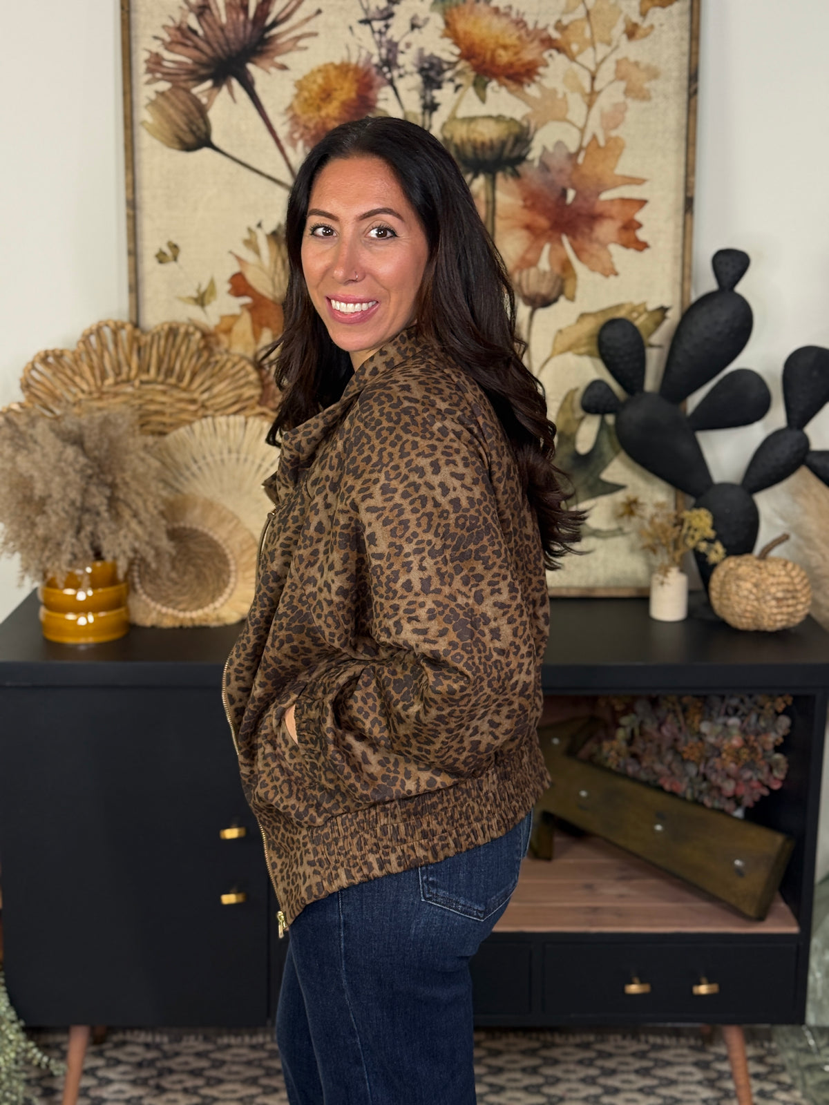 Faux Suede Leopard Bomber Jacket