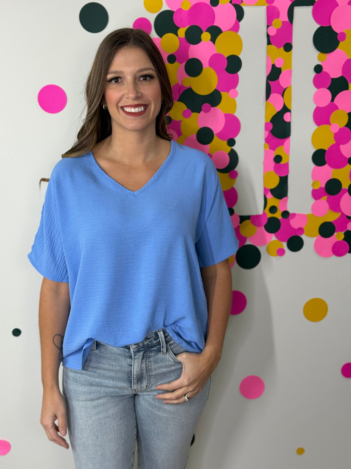 The Alia Airflow V-neck Top - Cornflower Blue