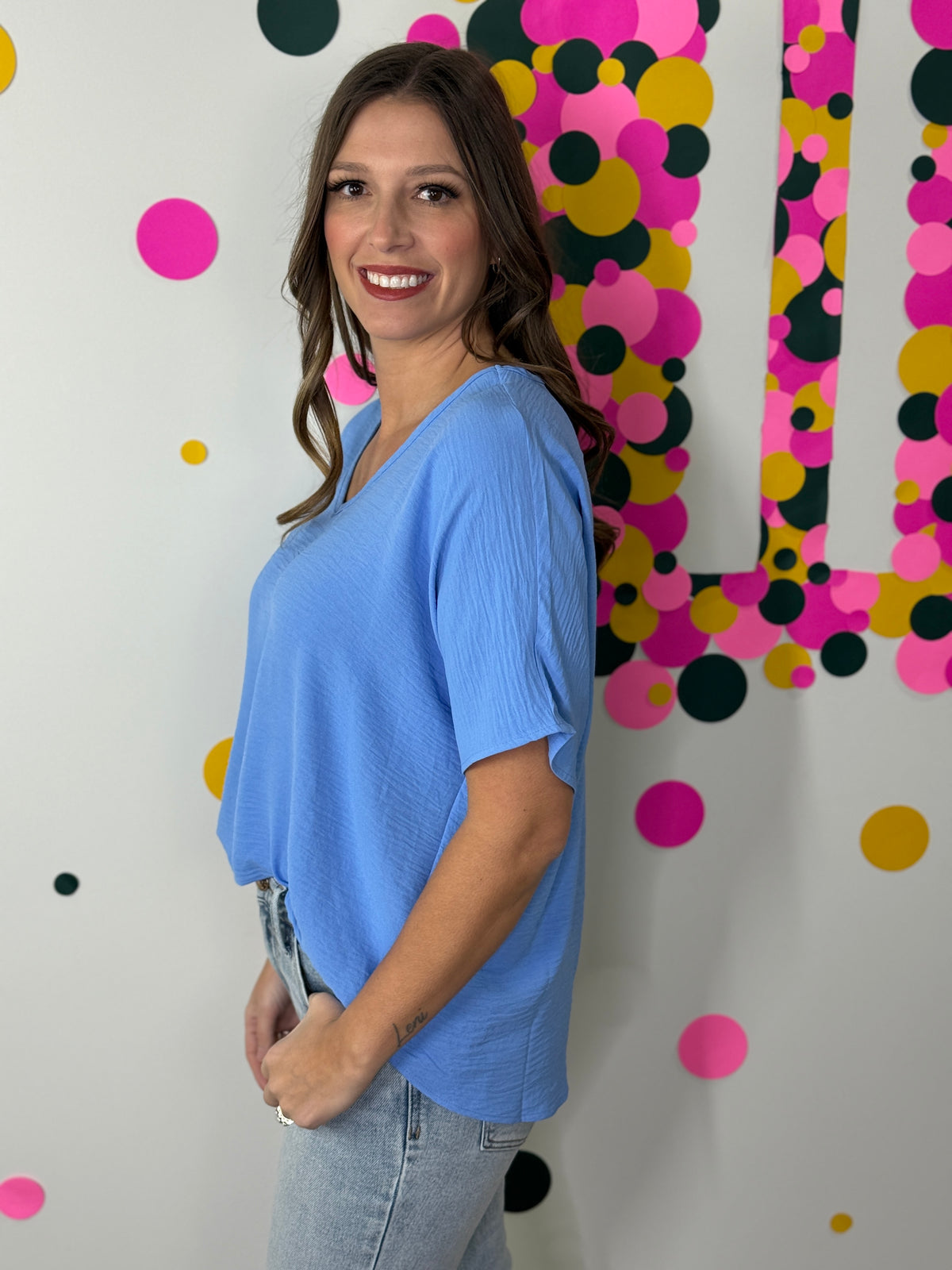 The Alia Airflow V-neck Top - Cornflower Blue